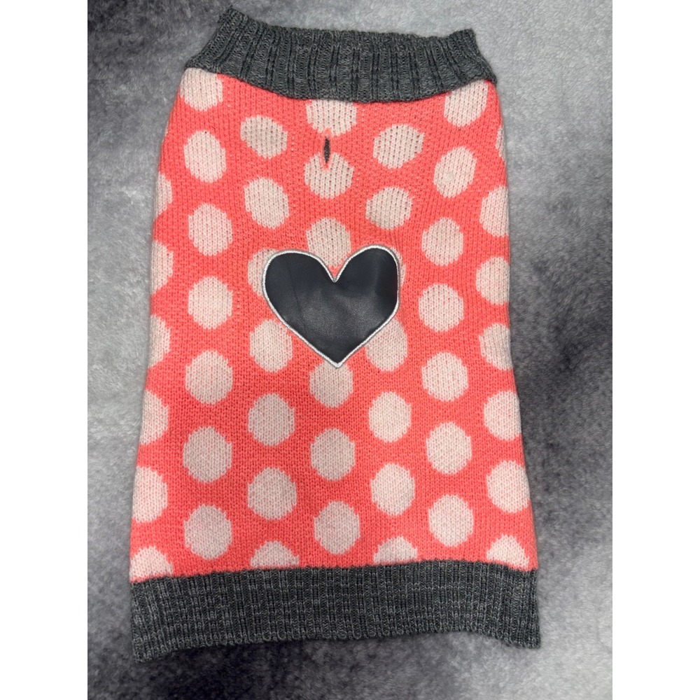 Coral Polka Dot Heart Dog Sweater with Gray Trim